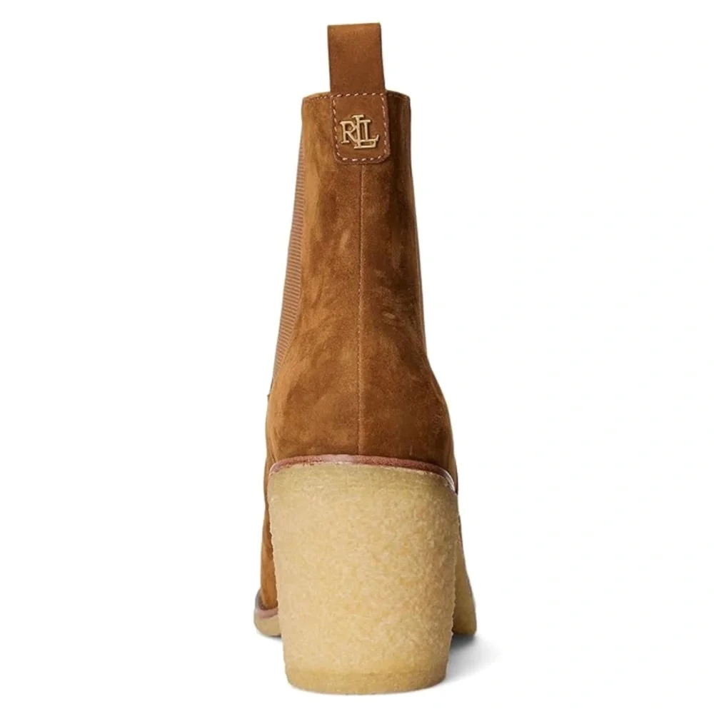 Ralph Lauren Marianna Tan Suede Pull-On Chelsea Bootie Block Heel Ankle Boots